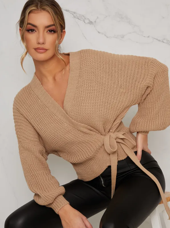 Wrap Waist Tie Puff Sleeve Cardigan in Beige sold by Chi Chi London