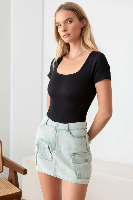 Le Lis High Waist Cargo Denim Mini Skirts sold by Charming Charlie