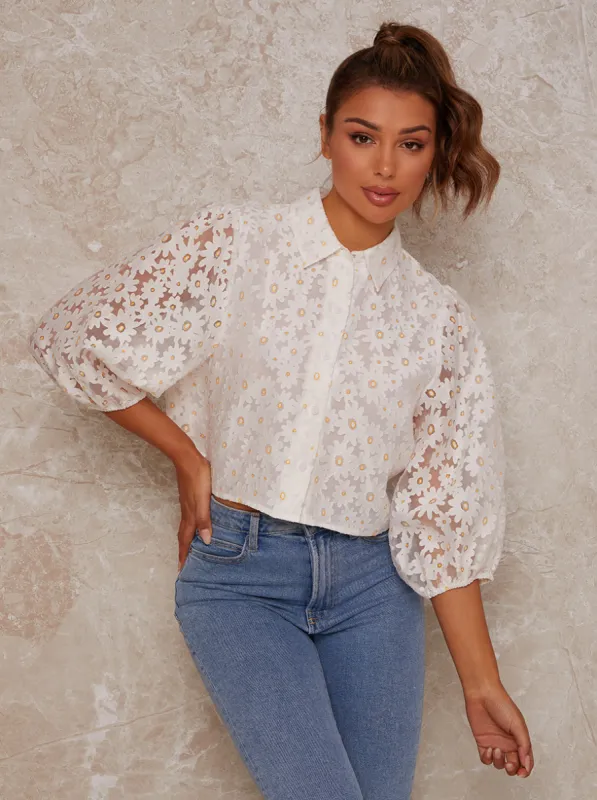 Sheer Floral Lace Balloon Sleeve Shirt in White sold by Chi Chi London