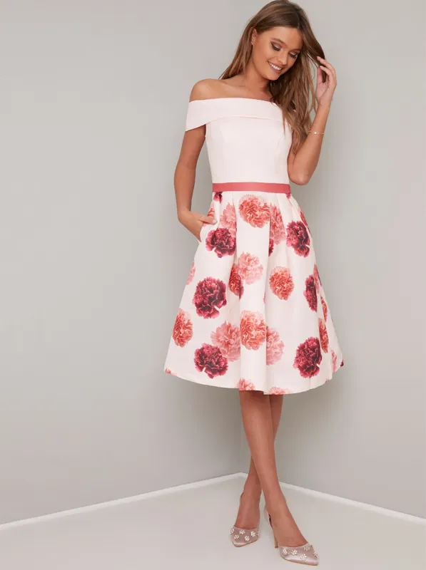 Bardot Neck Floral Print Midi Dress in Pink sold by Chi Chi London