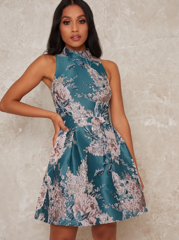 Petite High Neck Jacquard Mini Dress in Green sold by Chi Chi London