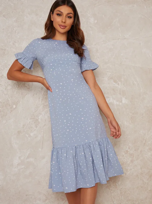 Angel Sleeved Print Frill Hem Midi Dress in Blue sold by Chi Chi London