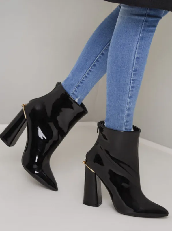 Block Heel Patent Ankle Boots in Black sold by Chi Chi London