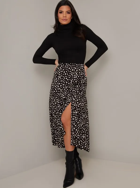 High Rise Spot Print Midi Skirt in Black sold by Chi Chi London