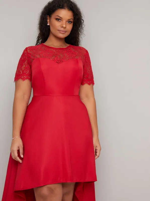 Plus Size Lace Bodice Detail Dip Hem Dress in Red sold by Chi Chi London