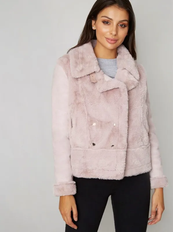 Faux Fur Aviator Jacket in Pink sold by Chi Chi London
