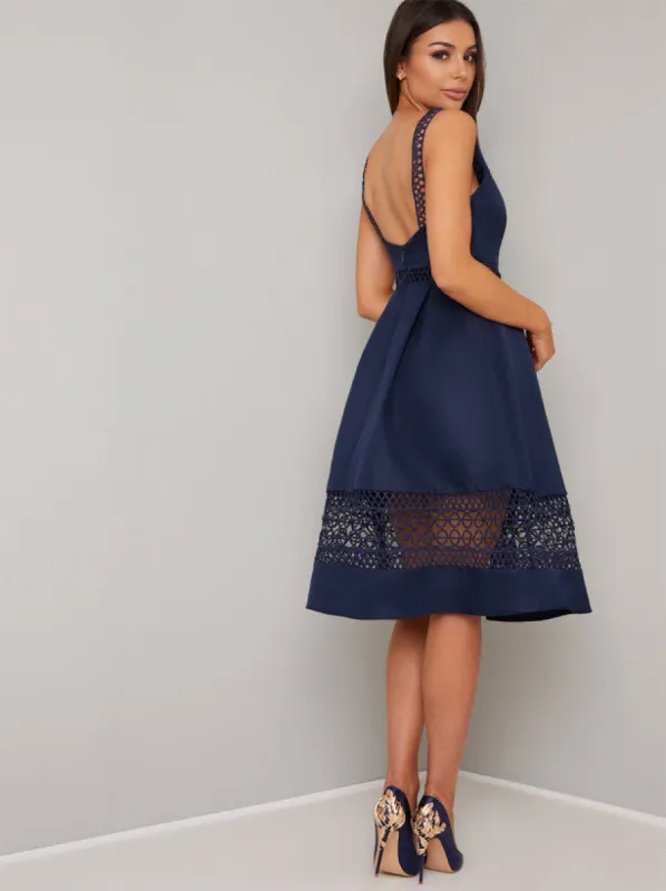 Crochet Panel Scoop Back Midi Dress in Blue sold by Chi Chi London