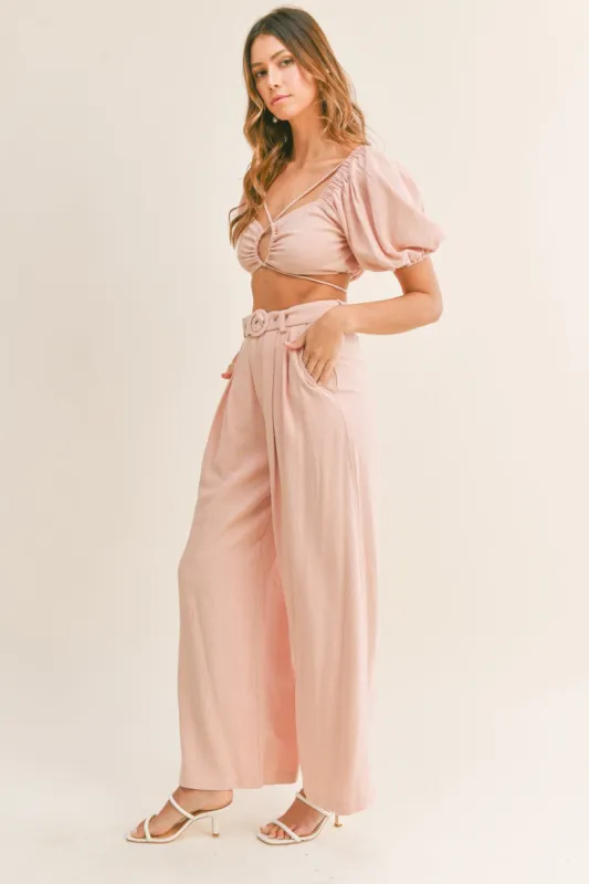 MABLE Cut Out Drawstring Crop Top and Belted Pants Set sold by Charming Charlie