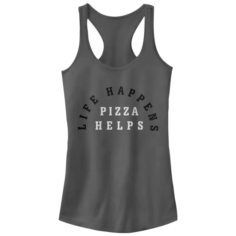 Junior's CHIN UP Life Happens Pizza Helps Racerback Tank Top sold by Chin Up Apparel