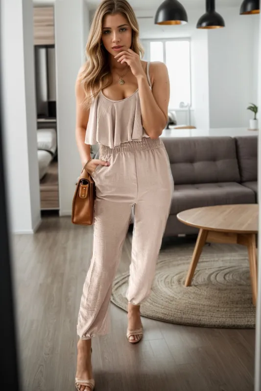 Ruffled Scoop Neck Spaghetti Strap Jumpsuit sold by Charming Charlie