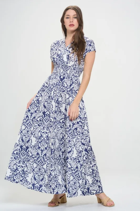 RENEE C Printed Smocked Waist Maxi Dress sold by Charming Charlie