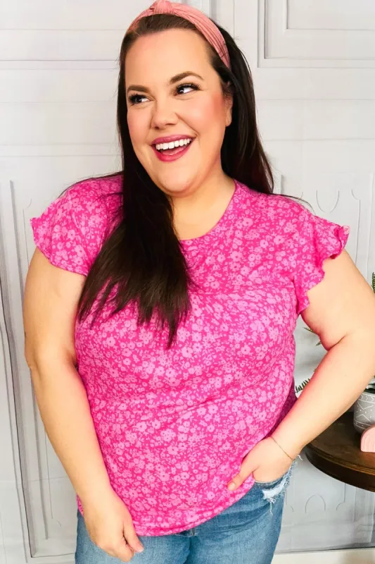 Look Of Love Fuchsia Floral Yoke Ruffle Short Sleeve Top sold by Charming Charlie