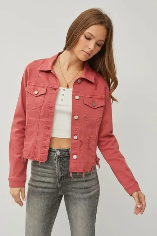 RISEN Raw Hem Button Up Cropped Denim Jacket sold by Charming Charlie