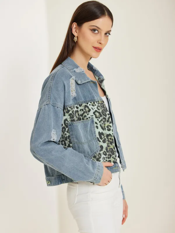 Long Sleeve Leopard Patchwork Cropped Denim Jean Jacket sold by Allegra K