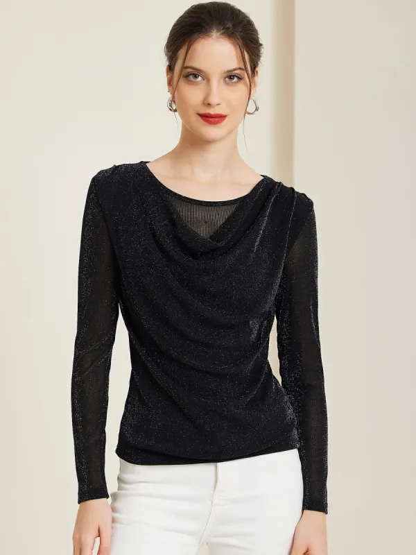 Ruched Cowl Neck Long Sleeves Glitter Blouse sold by Allegra K