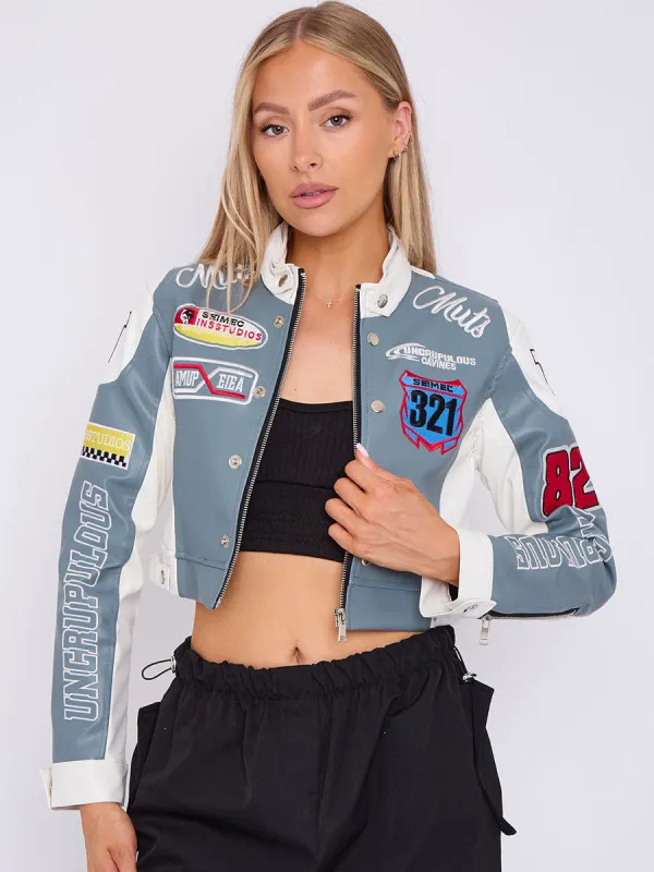 Faux Leather Slogan Cropped Biker Jacket - Khloe sold by Storm Desire