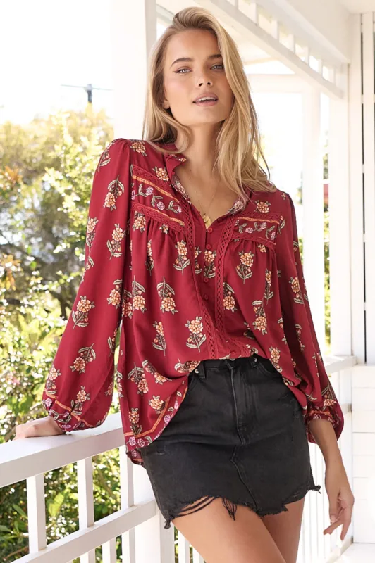 Bee Blouse - Lace Decal Button Down Long Sleeve Blouse in Grenache Print sold by Salty Crush