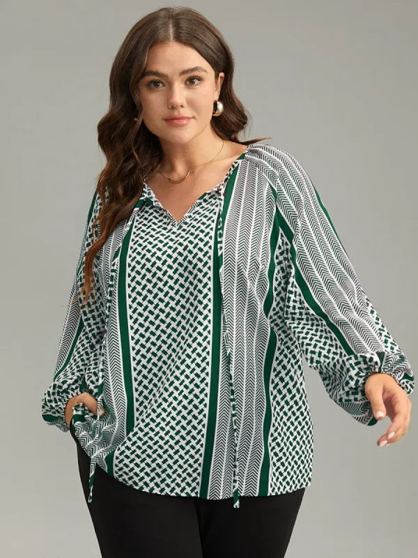 Geo Striped Tie Lantern Sleeve Blouse sold by Bloomchic