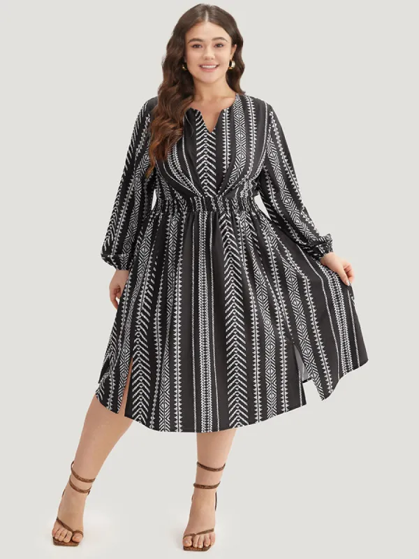 Striped Boho Print Shirred Split Hem Dress sold by Bloomchic