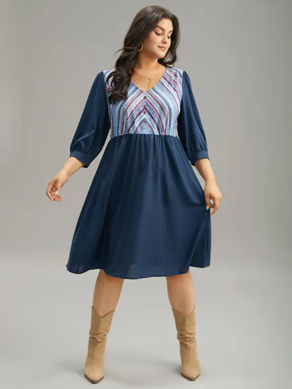 Boho Print Striped Patchwork Lantern Sleeve Dress sold by Bloomchic