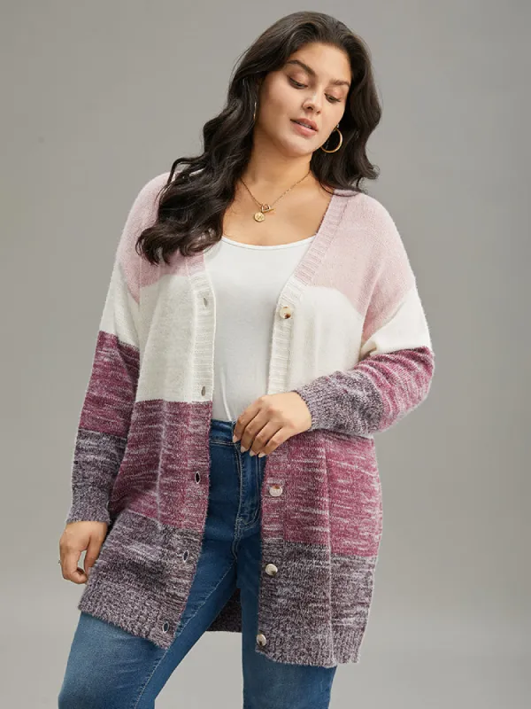 Colorblock Button Through Fuzzy Cardigan sold by Bloomchic
