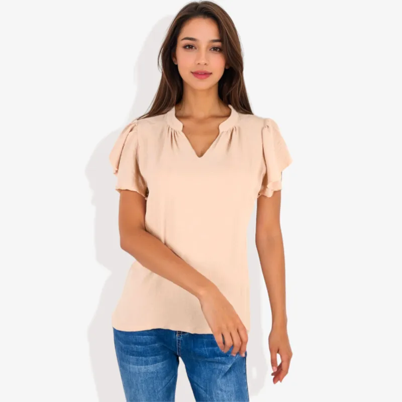 Women's Short Sleeve V-Neck Blouse with Ruffle Sleeves sold by Anna-Kaci