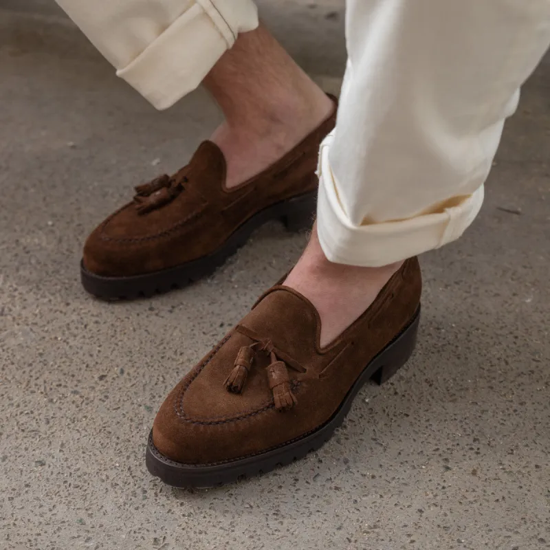 Height Increasing Brown Suede Leather Belize Chunky Tassel Loafers - With Track Soles - AW24 sold by Costoso Italiano