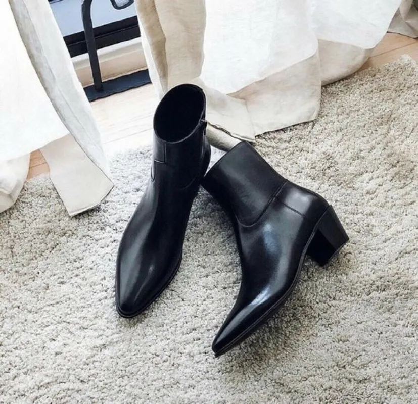 Luxury Edition - Artisian Made Height Increasing Black Italian LeatherFiorina Slip On Zipper Pointed Boots for Men - AW24 (Copy) sold by Costoso Italiano