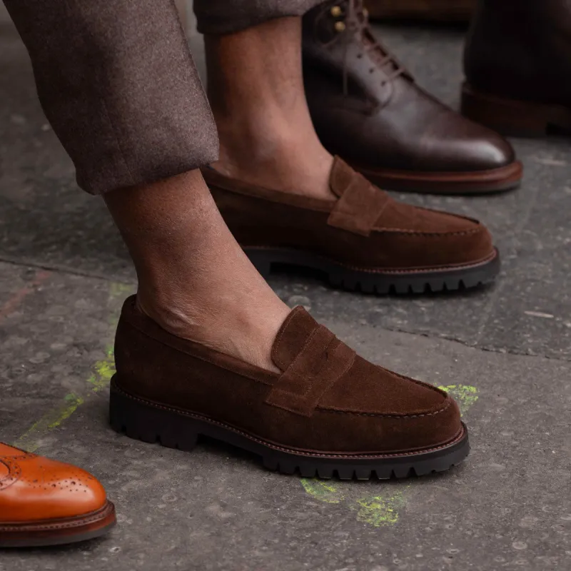 Height Increasing Brown Suede Belize Chunky Penny Loafers - With Track Soles - AW24 sold by Costoso Italiano