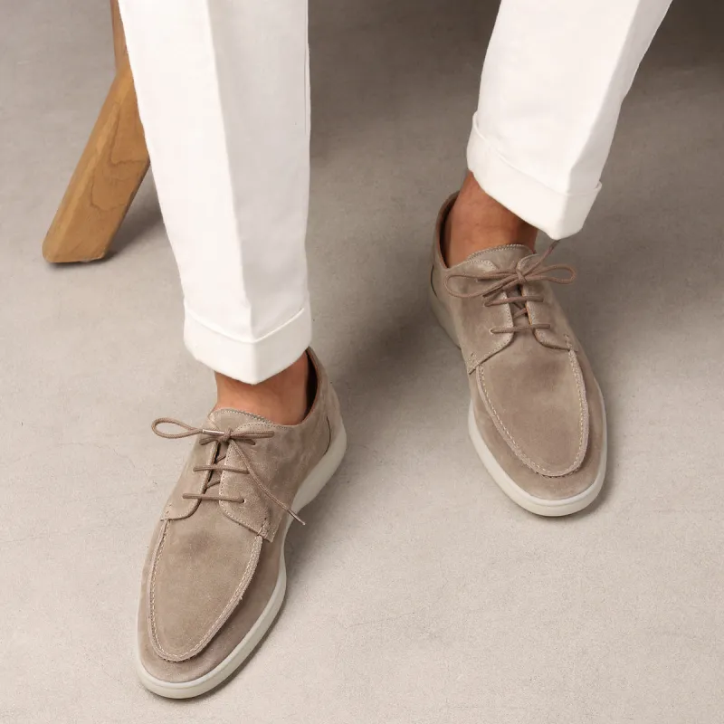 Height Increasing Light Grey Suede Cenia Derby Shoes with White Sole - Summer 2024 Collection sold by Costoso Italiano