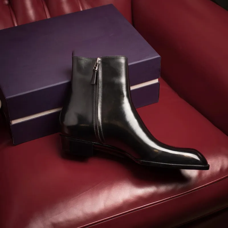 Height Increasing Black Leather Vasto Zipper Boots - AW24 sold by Costoso Italiano
