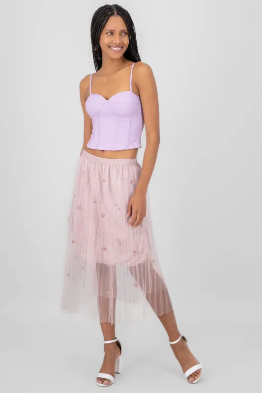 Falda midi de mesh con florecitas bordadas sold by Shasa