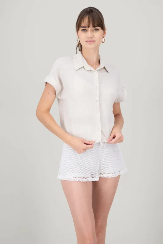 Camisa crop manga corta lino sold by Shasa
