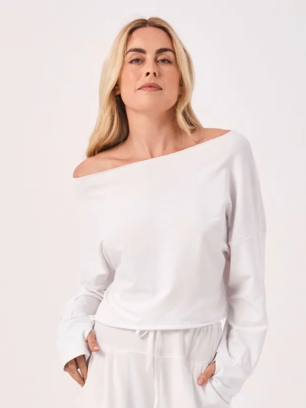 Off Shoulder Raw Edge Sweat  - White sold by Dharma Bums