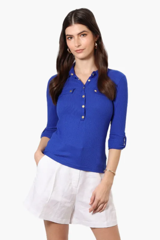 Impress Ribbed Roll Up Sleeve Shirt - Blue sold by Fairweather