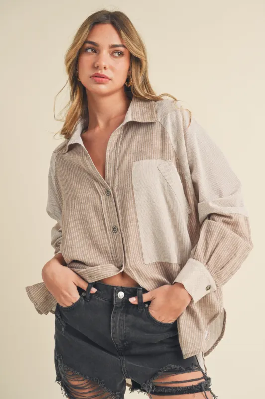 Beige Striped Colorblock Button Up Top sold by Pinkblush