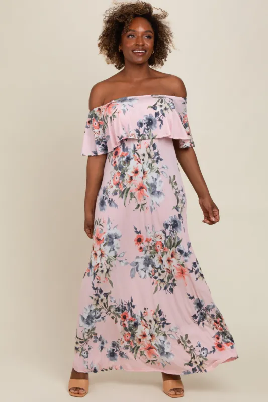 Pink Off Shoulder Floral Ruffle Maxi Dress sold by Pinkblush