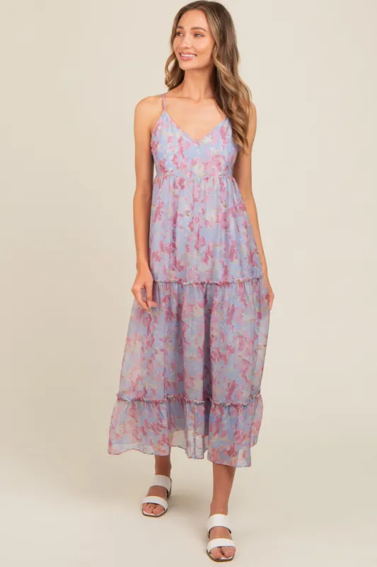 Periwinkle Abstract Floral Crisscross Back Maxi Dress sold by Pinkblush