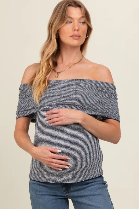Navy Blue Off Shoulder Striped Maternity Top sold by Pinkblush