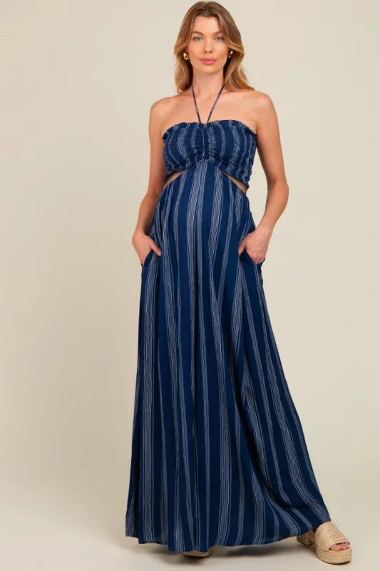 Navy Striped Cutout Halter Wide Leg Maternity Jumpsuit sold by Pinkblush