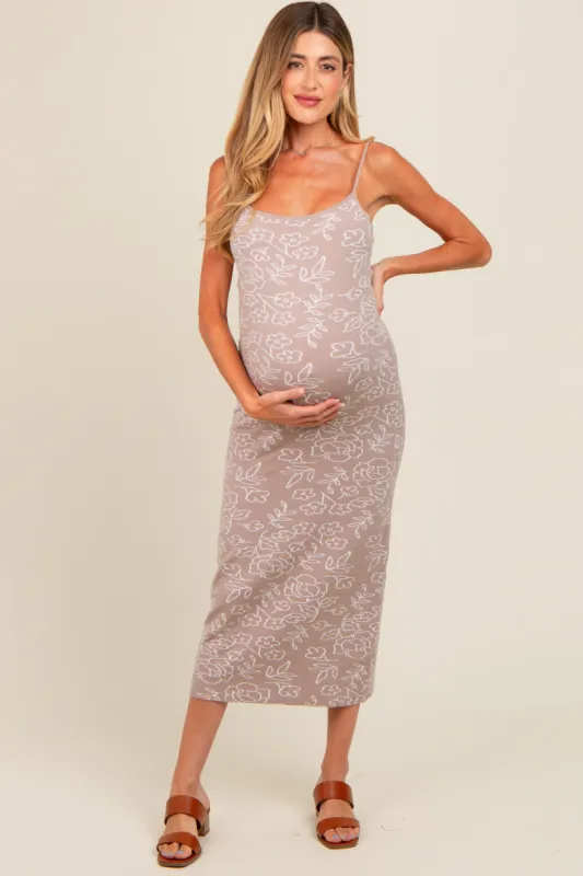 Beige Floral Knit Fitted Maternity Midi Dress sold by Pinkblush