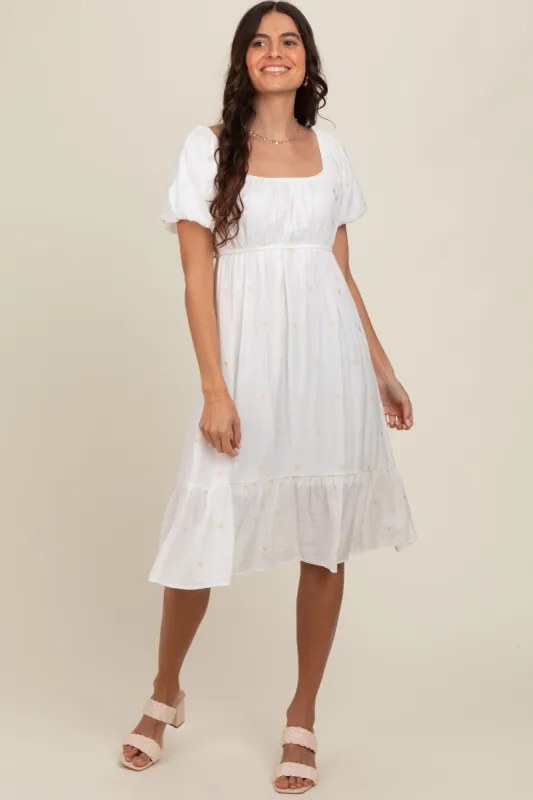 White Heart Embroidered Short Puff Sleeve Midi Dress sold by Pinkblush