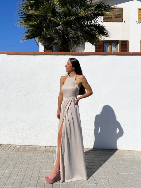 Vestido halter raso beige sold by Sorellas