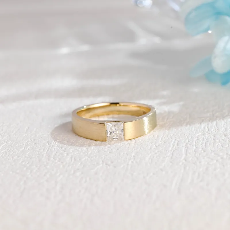 Solid Gold 5mm Width Matte Finish Princess Cut Moissanite Wedding Ring, Gift for Man, Husband sold by Causyou