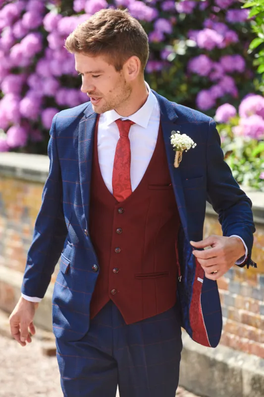 EDINSON - Navy Check Suit with Kelvin Wine Waistcoat sold by Marc Darcy