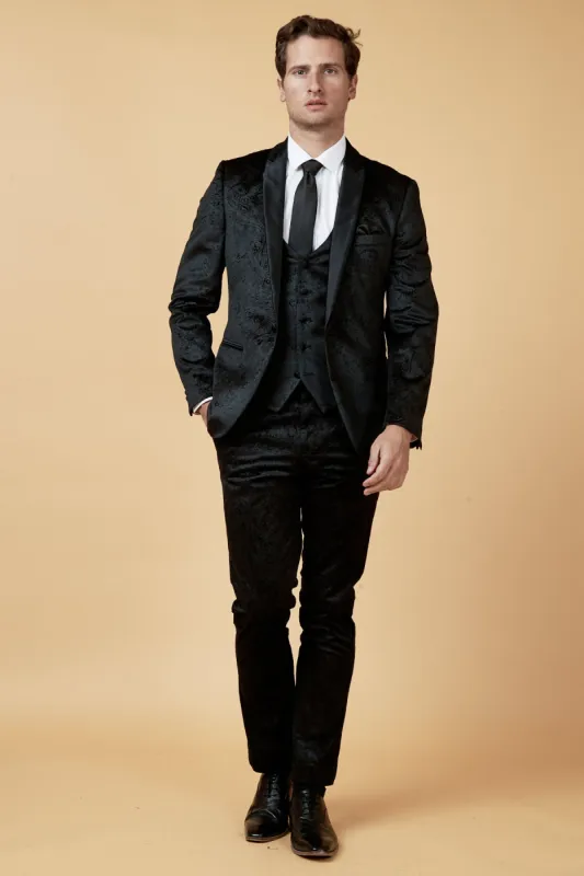 SIMON - Black Velvet Jacquard Three Piece Suit sold by Marc Darcy