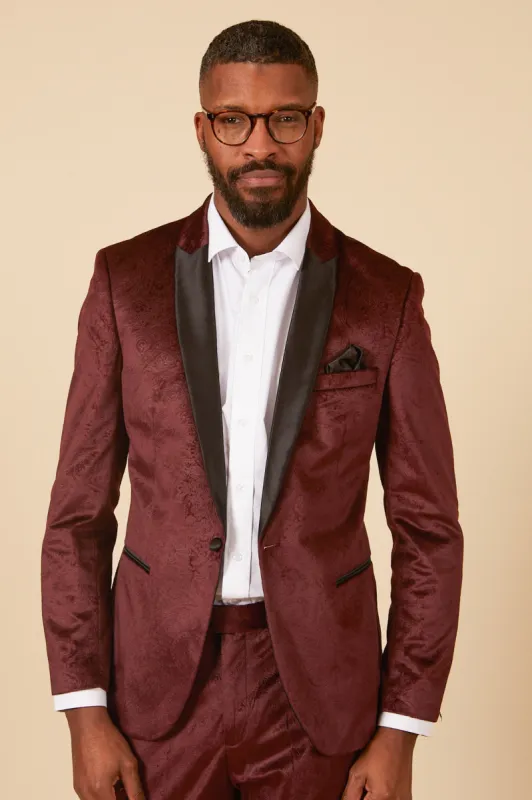 SIMON - Velvet Wine Tux Lapel Jacquard Blazer sold by Marc Darcy