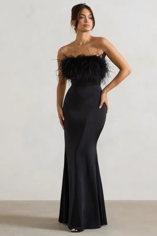 Dress For It | Black Satin Feather Trim Bandeau Maxi Dress sold by Club L London