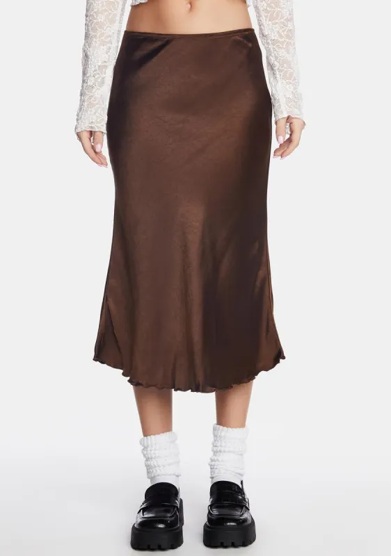 Chocolate Goya Satin Midi Skirt sold by Dolls Kill