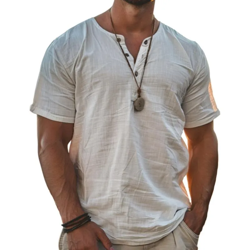 【24-hour shipping out】Men's Solid Henley Cotton and Linen Short Sleeve T-Shirt 73940181Y sold by Manly
